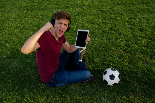 Blonde teenager sitting on the fresh cut grass holding tablet with empty screen , looking at camera and cheering 