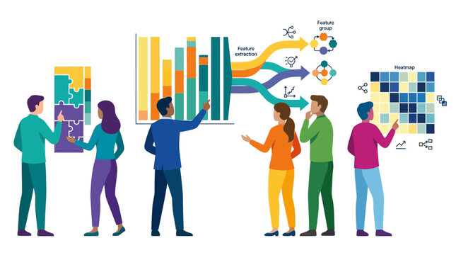 Flat faceless vector illustration of diverse professional team analyzing big data analytics, feature extraction, bar charts, heatmaps, and solving puzzles on white background.