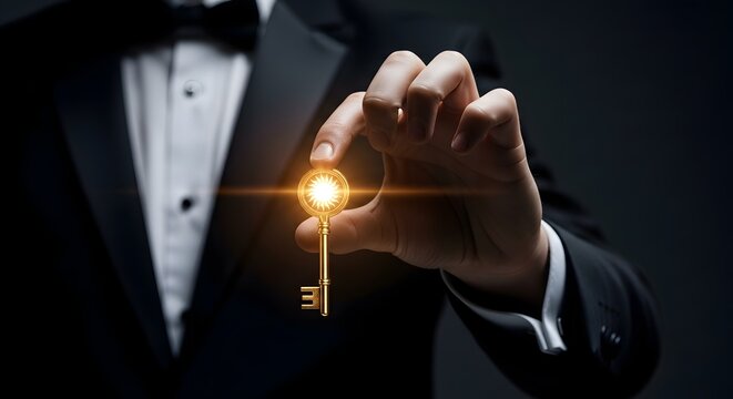 Man in tuxedo holds glowing golden key with sun symbol