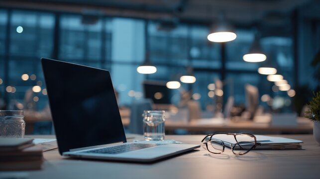 Modern office workspace with computer, glasses, and glass of water in bright conference room