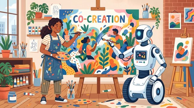 A young woman and a robot collaboratively paint a vibrant mural with the word 'CO-CREATION' in an art studio filled with plants and art supplies.