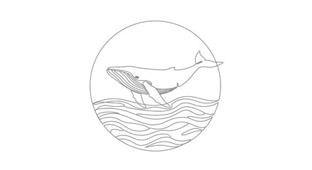 Minimalist line art whale breaching ocean waves, circular design, elegant marine life illustration © Mar