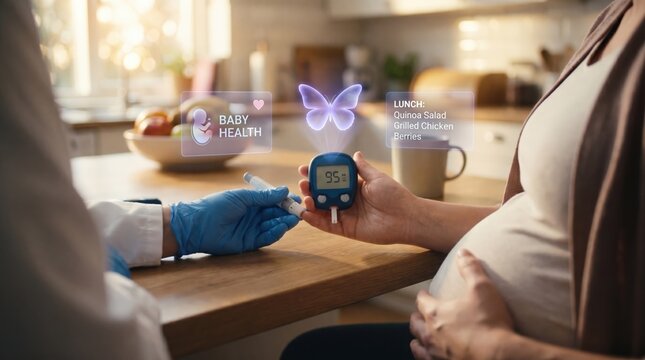 Pregnant Woman Monitoring Blood Sugar Levels with Digital Health Interface for Gestational Diabetes Care and Maternal Nutrition Tracking