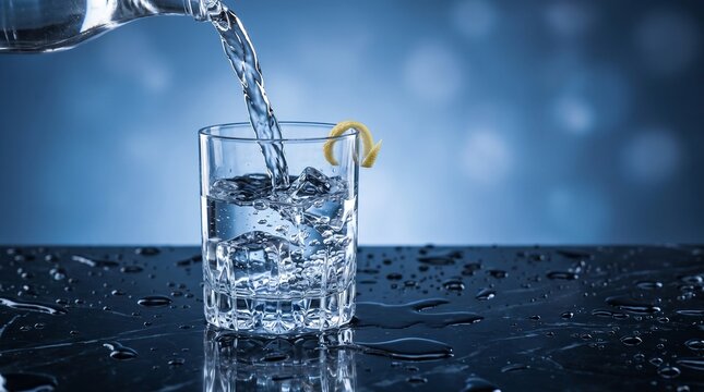 Clear water being poured from a bottle into a glass filled with ice cubes and a lemon twist, creating splashes on a dark surface.