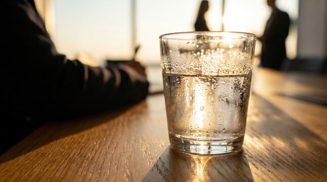Glass of cold water with condensation on wooden boardroom table during office meeting with blurred people for corporate wellness and hydration