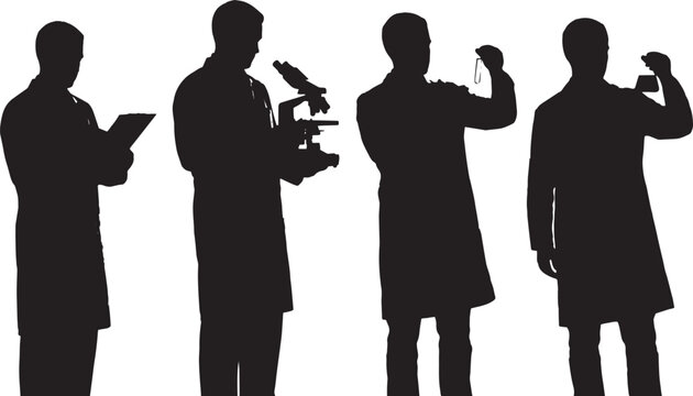 Scientists conduct laboratory research and scientific experiments while utilizing microscopes and medical testing equipment items.