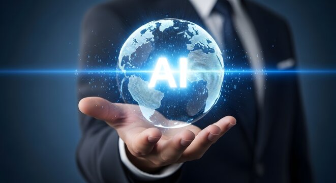 Businessman holding glowing AI globe with binary code