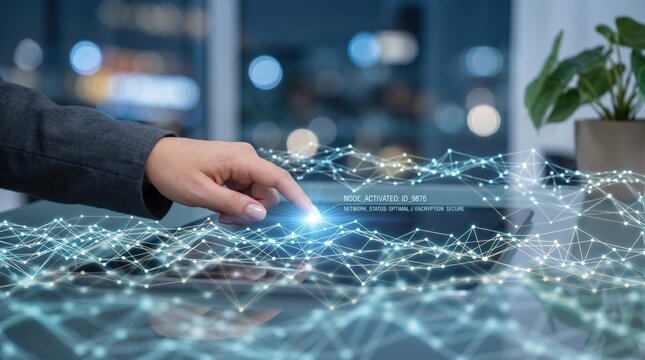 Hand touching futuristic holographic network grid on glass table, activating secure node connection representing cybersecurity, blockchain technology and digital communication