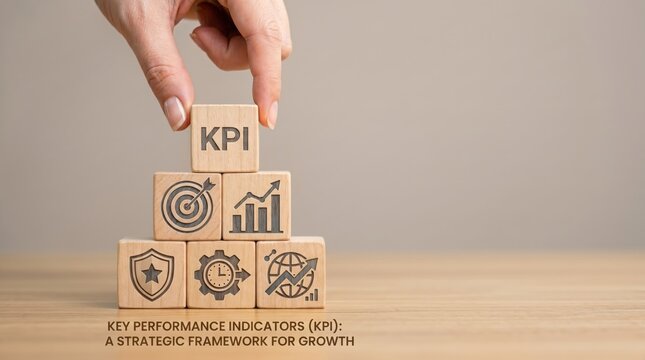 Key performance indicators KPI strategic framework for growth, wooden blocks pyramid with business icons on table