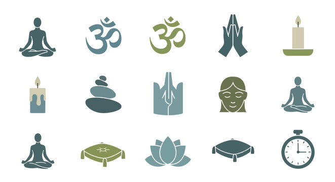 Meditation and yoga symbols icons set.