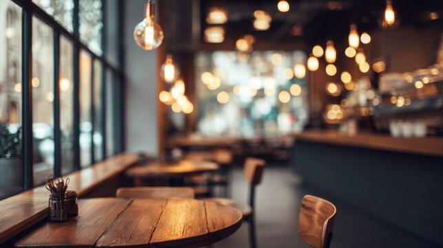 Modern cozy cafe interior with warm lighting and wooden furniture for social gathering
