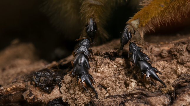 Earwig Colony Exploring Textured Soil Near a Large Furry Leg