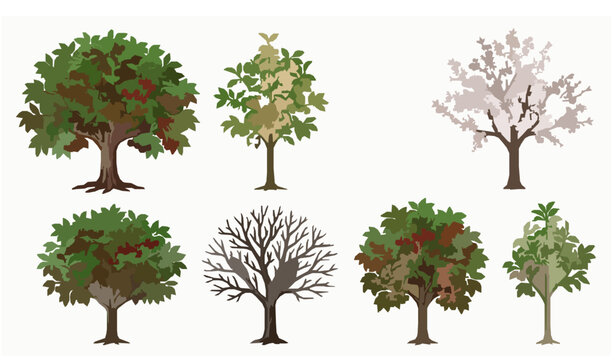 Flat Vector Set of Apple Trees in Four Seasons Summer Winter Spring Autumn Nature Collection