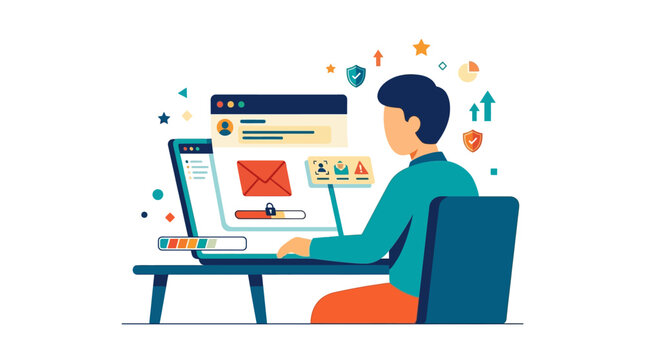 Vector illustration of a male employee at a desk using a laptop while receiving a phishing email notification with warning symbols, security icons, and a red envelope graphic.