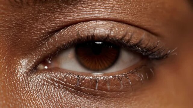 Close up view of human eye showing the pupil and iris structure in great detail during daylight