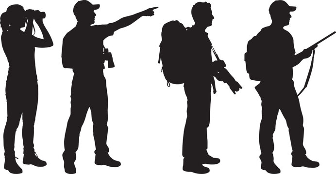 Outdoor enthusiasts wearing backpacks and holding binoculars stand in a row while exploring the wilderness on an adventure.