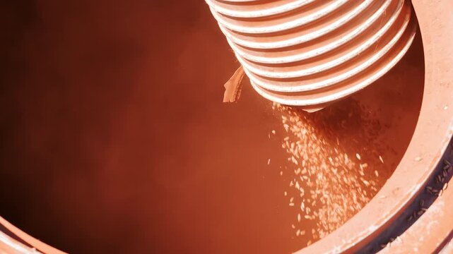 Close up of treated wheat seeds flowing through a loading hose into a seeder tank before planting. Modern agricultural equipment preparing for large scale crop production.