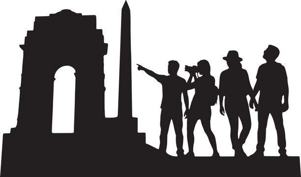 Tourists explore a historic monument while using a camera to capture memories of their travel experiences abroad today.