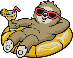 Fototapeta premium Colorful vector sloth relaxing on a yellow swim ring with sunglasses and tropical drink, playful cartoon illustration for summer vacation and leisure