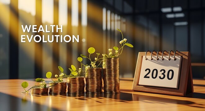 Growing coins with plant and 2030 calendar on desk