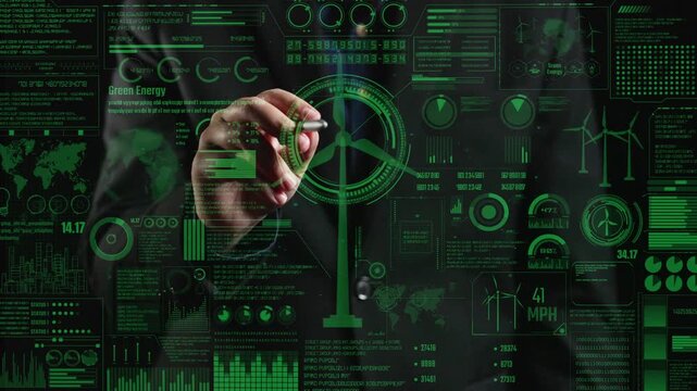 A hand holding a pen interacts with a transparent display showcasing green energy metrics, graphs, and visual data, emphasizing sustainable technology and eco-innovation. Cipher