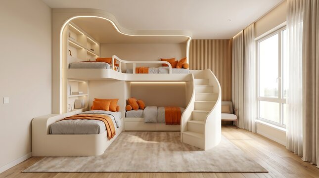 Modern childrens bedroom with custom lshaped bunk bed and stairs