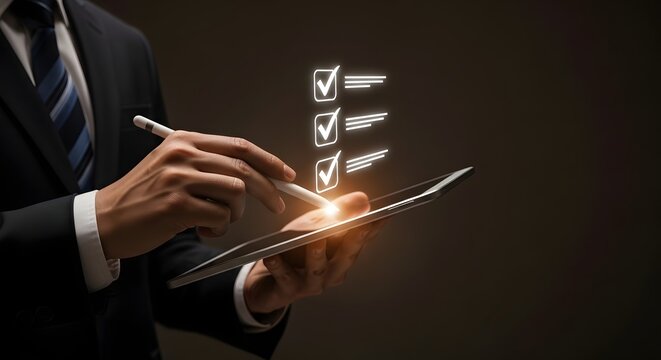 Invoice processing and payment confirmation digital tablet with checkmarks