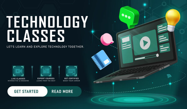 Technology classes background clipart banner design. Technology Classes banner clip art with floating objects like laptop, light bulb, chat bubble, notebook and video player digital icons 