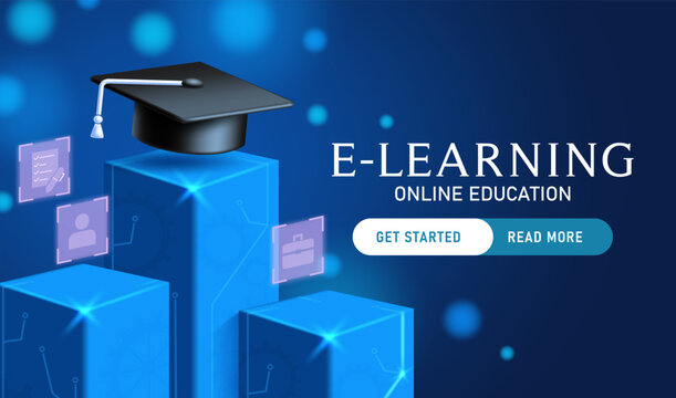 E- Learning online education clipart banner design. E- Learning online education text with isometric educational technology elements and graduation cap in bokeh lights blue background clip art 