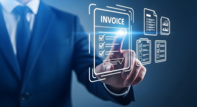 Digital invoice management concept businessman interacting with holographic invoice display
