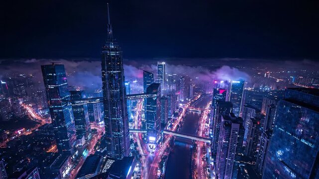 Breathtaking aerial view of futuristic neon cityscape at night, towering skyscraper structures piercing thick glowing fog, mysterious mist, shining vibrant urban light, cyberpunk megacity