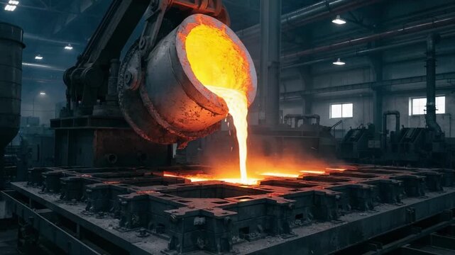 Medium angle showing precise filling of notched bar molds with glowing molten metal in a hightech metalworks facility for specialized ingot production.