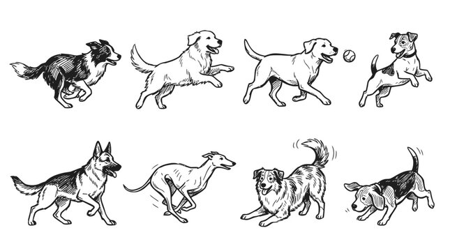 Diverse Dog Breeds Running and Playing Sketch Collection