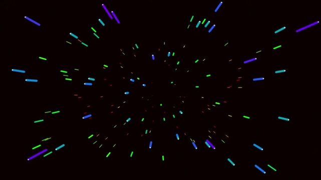 Abstract neon particles flying toward viewer in dark space