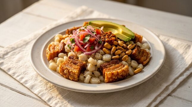 Ecuadorian Hominy Mote con Chicharr&oacute;n with Crispy Pork &ndash; Latin Food Photo