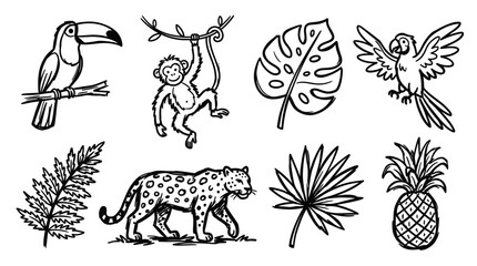 Fototapeta premium Jungle Animals and Plants Hand-Drawn Sketch - Toucan, Monkey, Jaguar, Parrot, Pineapple, Leaves