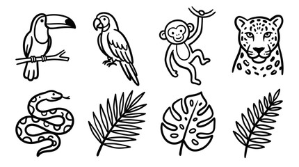 Fototapeta premium Jungle Animals & Plants Line Art Icons: Toucan, Parrot, Monkey, Leopard, Snake, Leaves