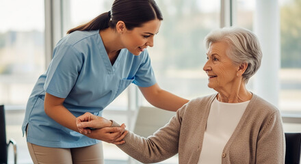 Obraz premium Compassionate young nurse in blue scrubs supporting an elderly woman at a retirement home, providing professional medical care and kindness in a bright clinic.