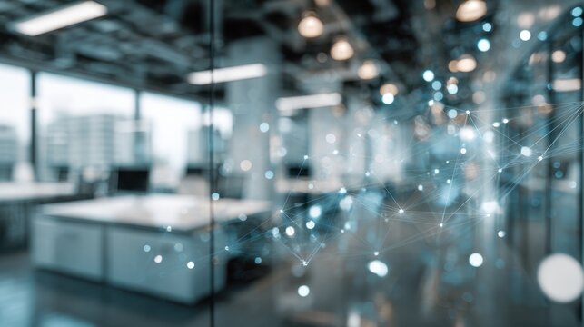 Modern office interior with glass walls, workstations, and bright lighting in corporate workspace
