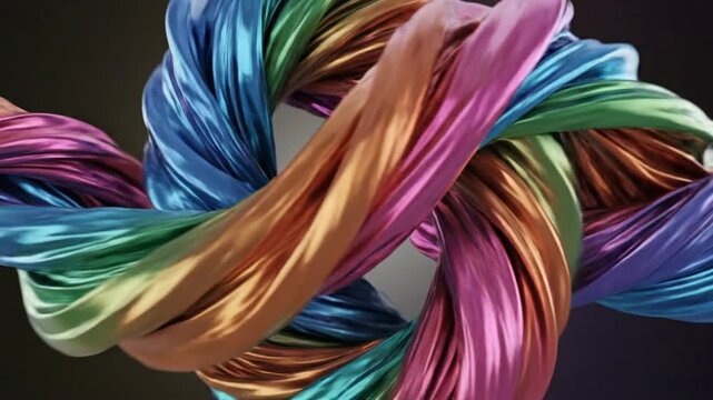 Vibrant multi colored twisted ribbon loop background in motion showcasing swirling patterns and textures in dynamic movement