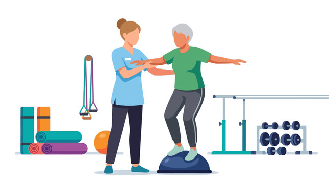 Flat vector illustration of a female physical therapist assisting an elderly woman with balance exercises on a blue half-ball in a rehab clinic with gym equipment and yoga mats.