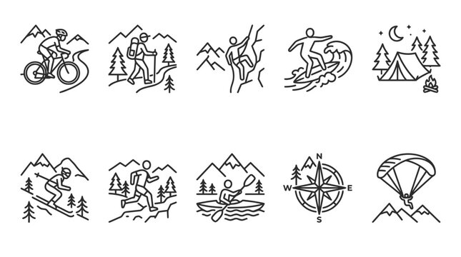 Outdoor Adventure Icons: Hiking, Biking, Climbing, Surfing, Camping, Skiing, Running, Kayaking, Compass, Paragliding