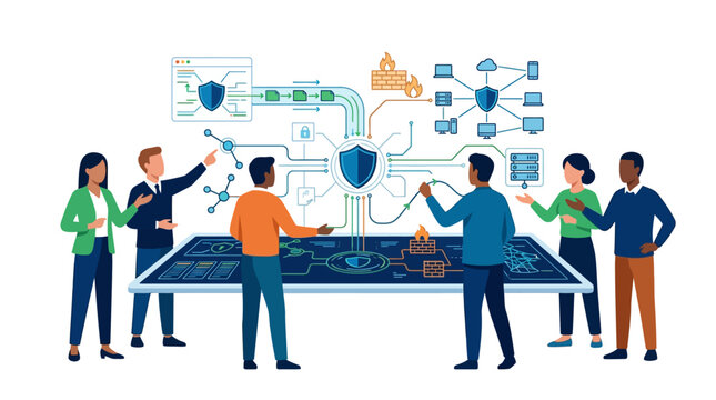 Flat faceless vector illustration of a diverse IT team managing cyber security operations on a large touch table displaying network diagrams, data firewalls, and shield icons.