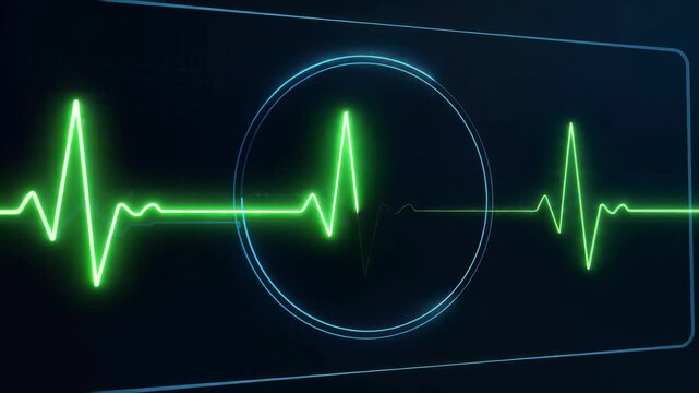 Neon digital heartbeat wave animation with medical glitch effect and glowing green pulse on dark background