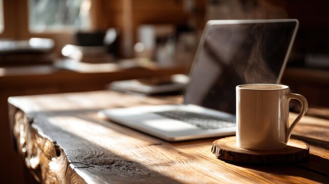 Workspace with Laptop, Coffee Mug, and Wooden Table in Cozy Home Office