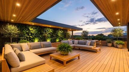 Obraz premium Modern rooftop terrace with wooden decking and lush vertical garden