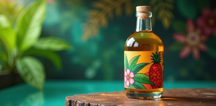 Colorful label wrapped around tropical glass bottle, fun, beverage, summer