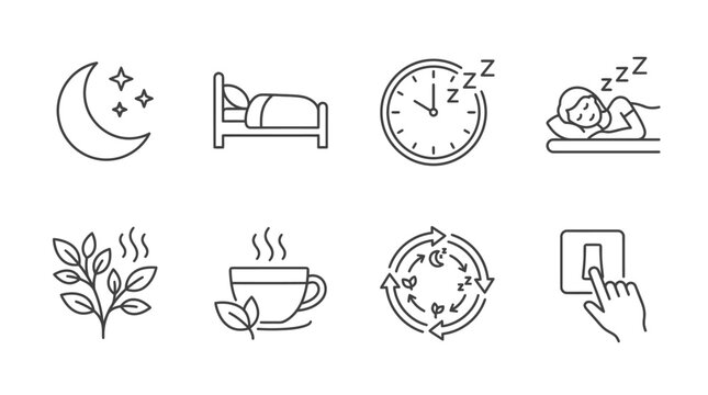 Sleep hygiene icons: moon, bed, clock, sleeping person, tea, cycle, light switch