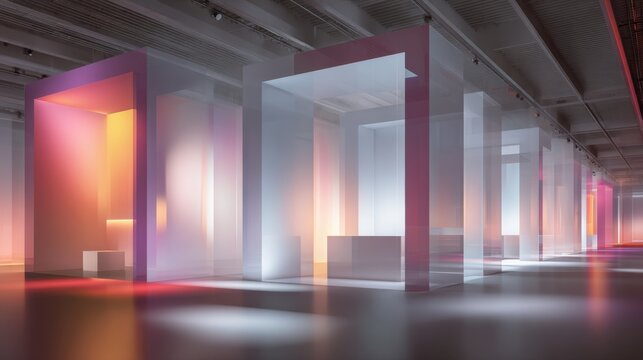 Modern, minimalist exhibition booth interior with vibrant lighting and sleek design elements