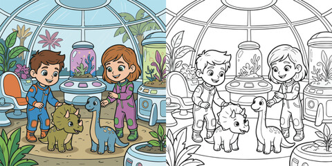  children visiting dinosaur world theme park cartoon clipart and lineart print vector illustration for color coloring book © Avijit